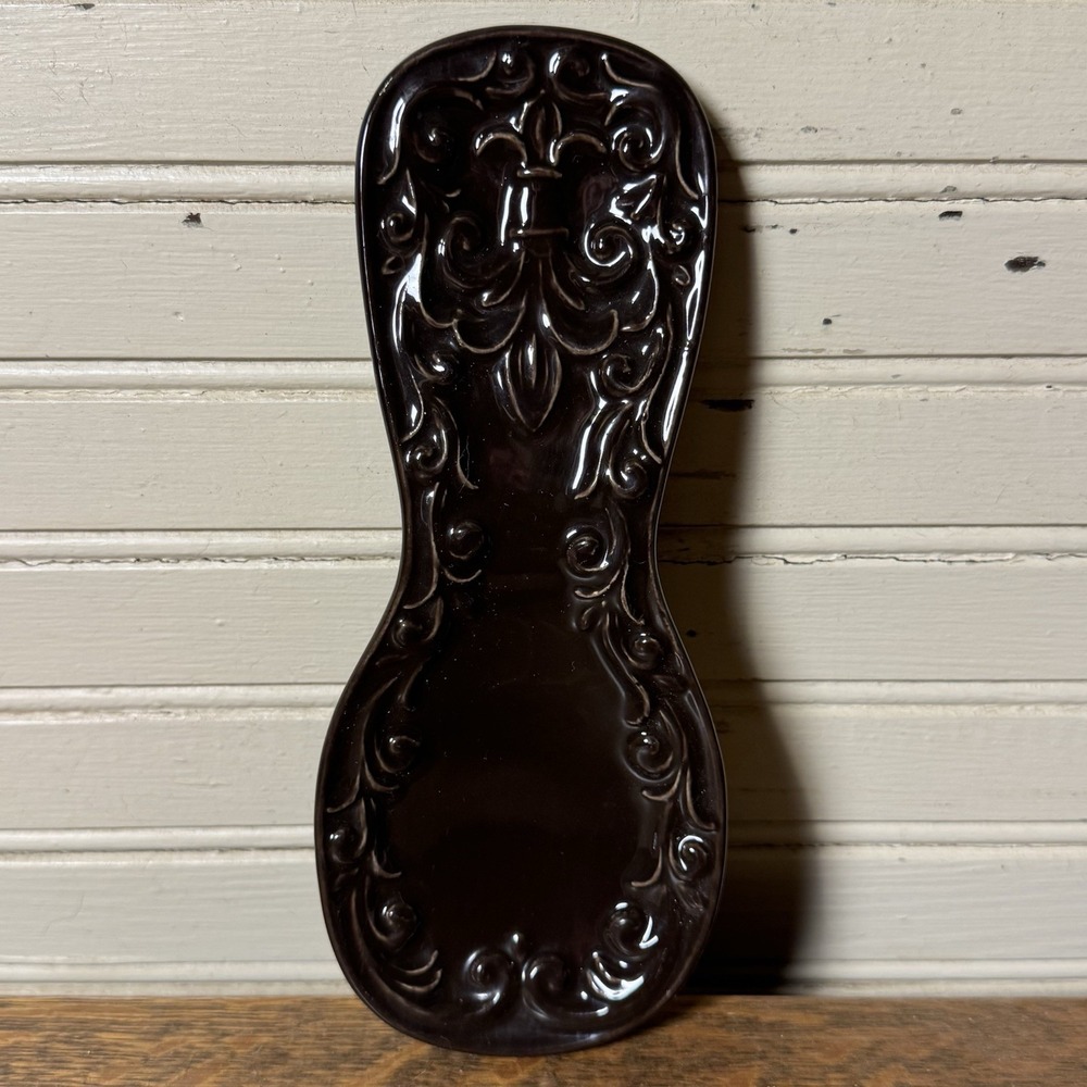 Drake Design Brown Ceramic Spoon Rest Fleur De Lis Scroll Kitchen 8.5"